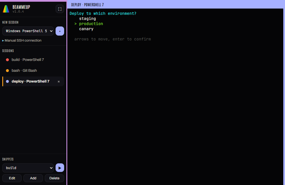 The BeamMeUp window: a sidebar listing three sessions (build, bash, deploy) and a terminal showing a deployment menu with production selected.
